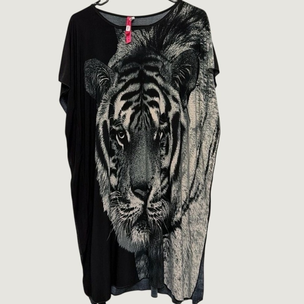 Statement Tiger Face Oversized Kaftan Tunic Top Black‎ Batwing Women's Medium